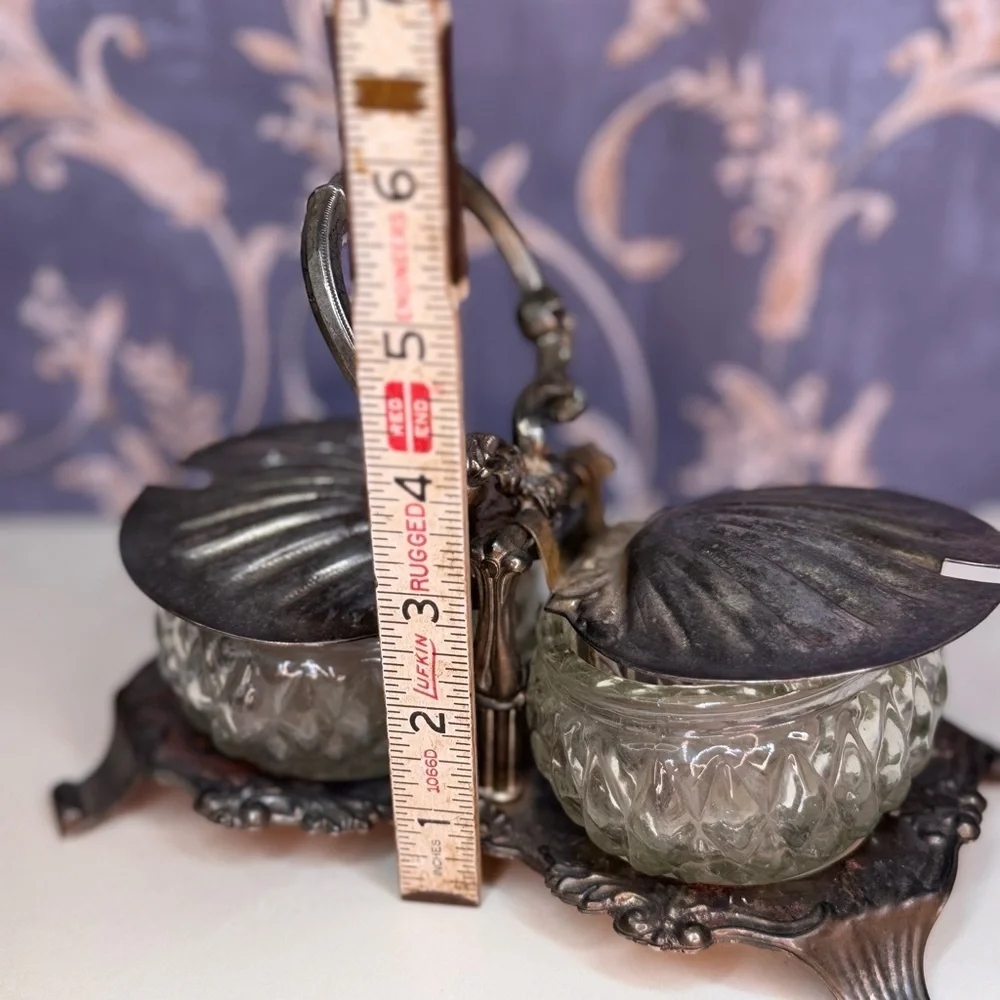 Antique 1900s Shell Shaped Silver Toned Double Salt Cellar with Cut Glass READ
